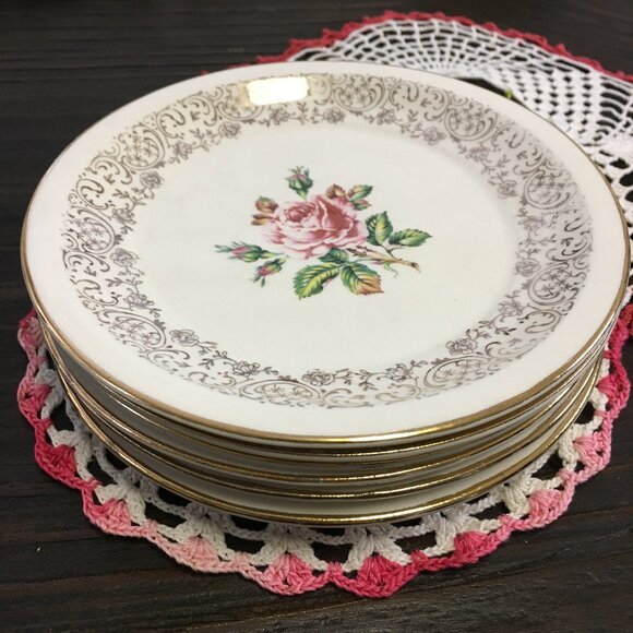 Seven Vintage Cornish Rose 22KT Gold Georgian Fine China Dessert Plates - Picture 3 of 16